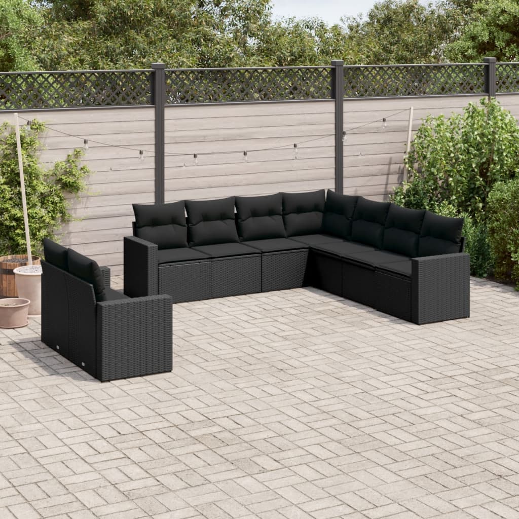 10-delige Loungeset met kussens poly rattan zwart