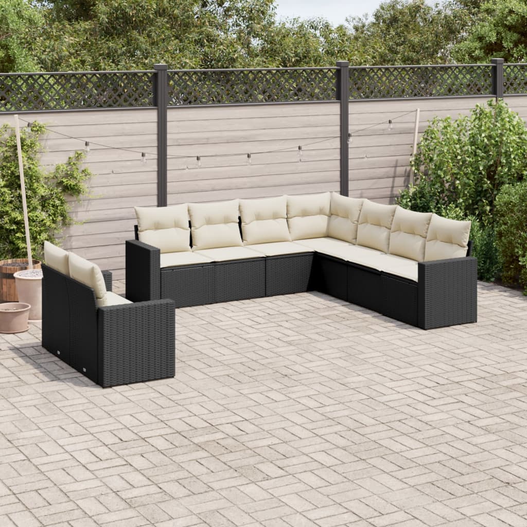 10-delige Loungeset met kussens poly rattan zwart