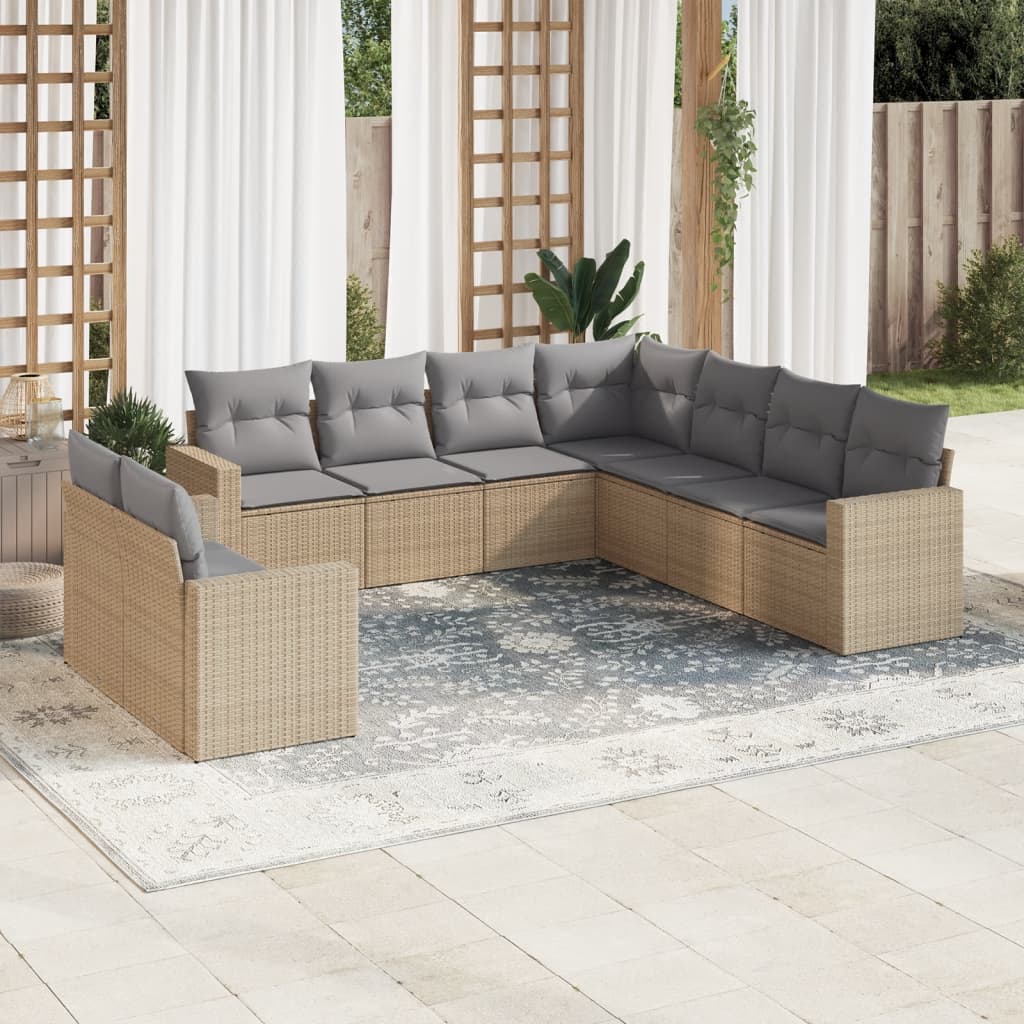 10-delige Loungeset met kussens poly rattan zwart