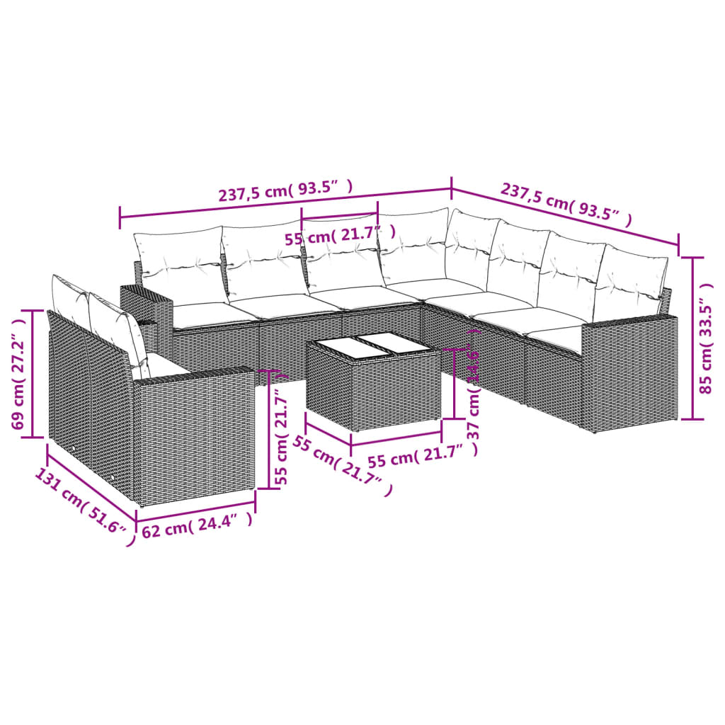 10-delige Loungeset met kussens poly rattan zwart