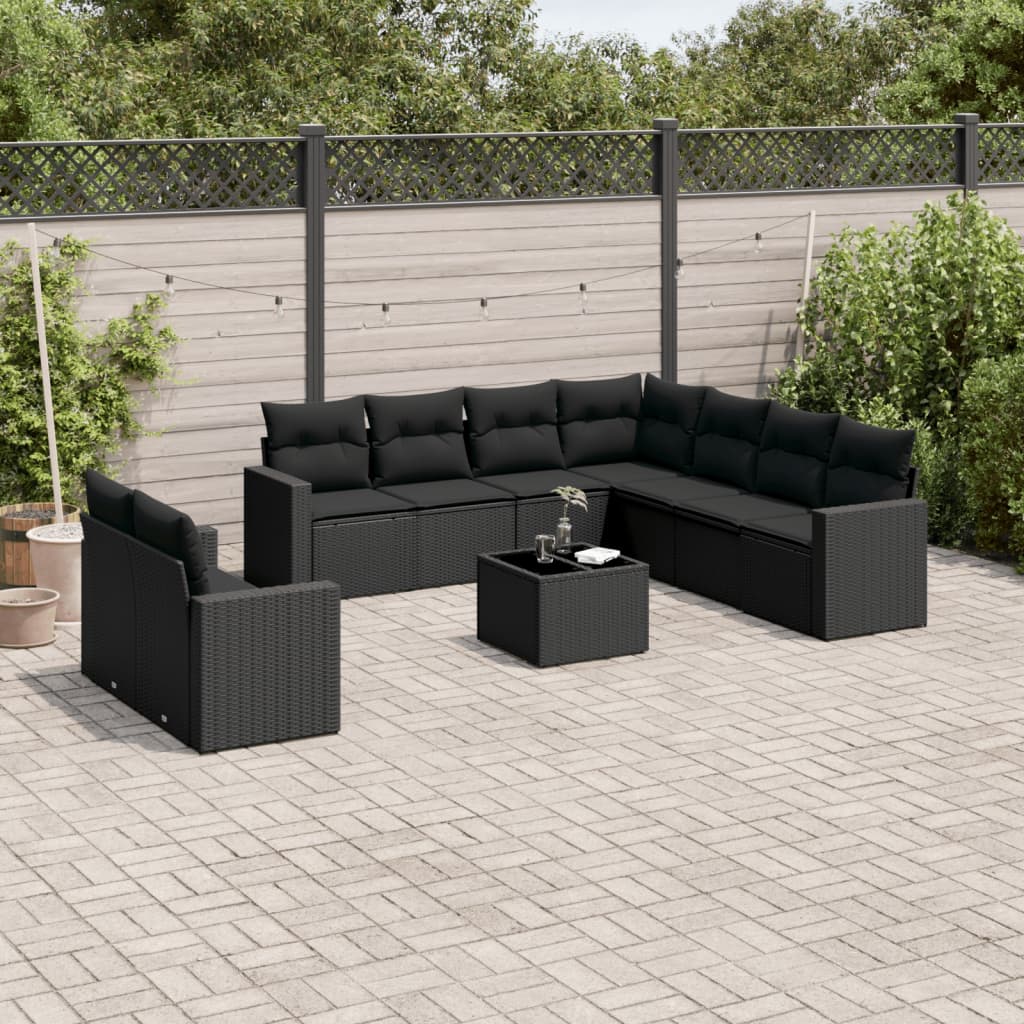 10-delige Loungeset met kussens poly rattan zwart