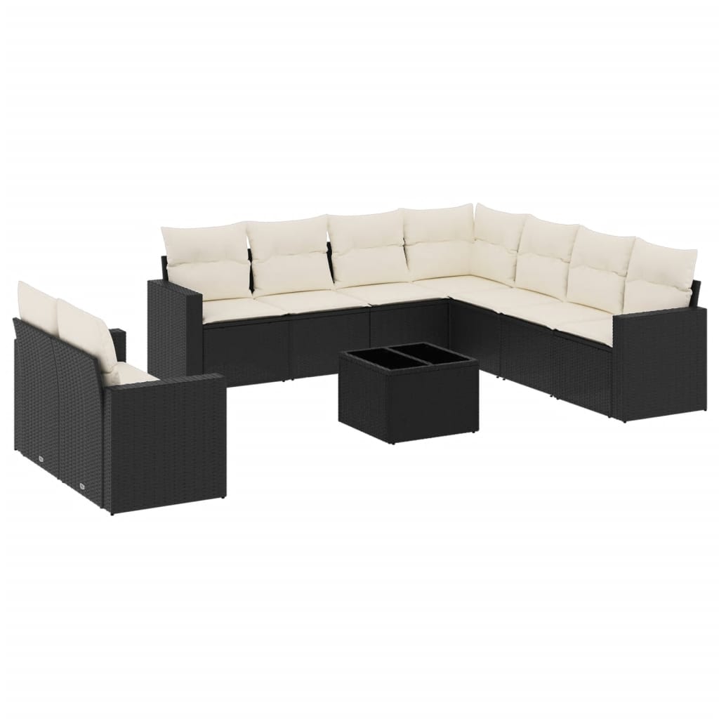 10-delige Loungeset met kussens poly rattan zwart