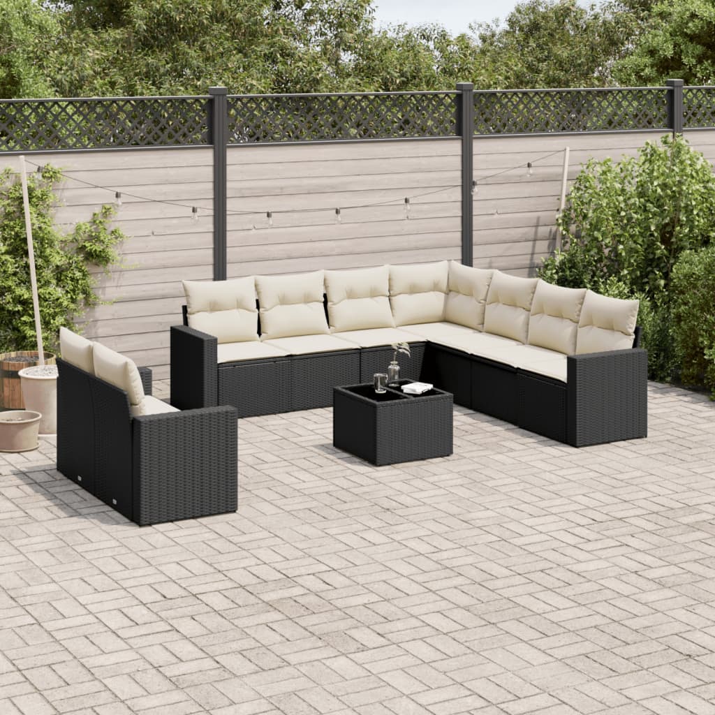 10-delige Loungeset met kussens poly rattan zwart