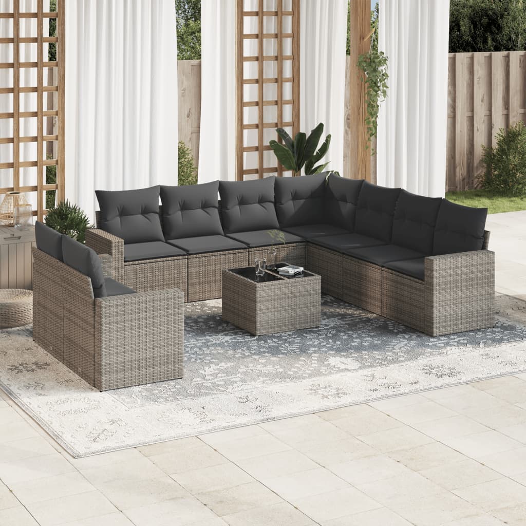 10-delige Loungeset met kussens poly rattan zwart