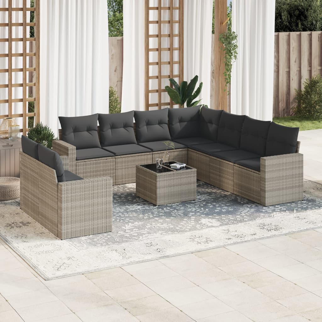 10-delige Loungeset met kussens poly rattan zwart