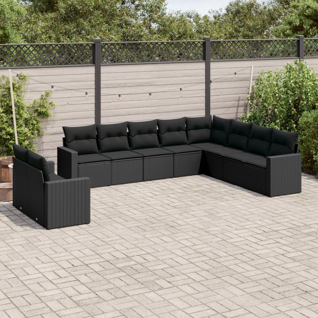 10-delige Loungeset met kussens poly rattan zwart