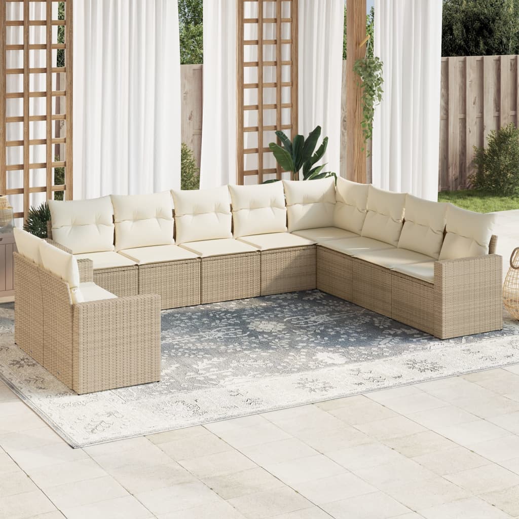 10-delige Loungeset met kussens poly rattan zwart