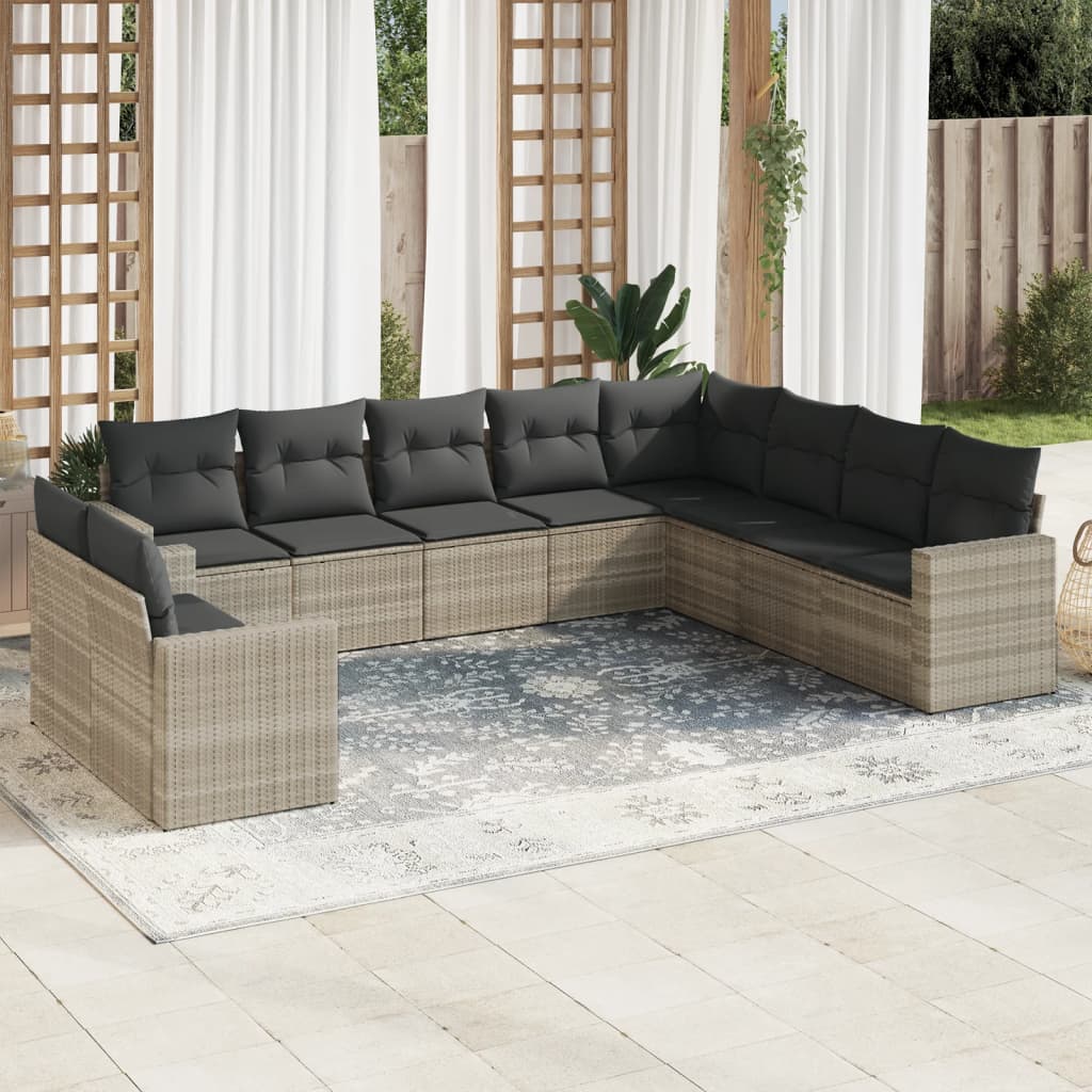 10-delige Loungeset met kussens poly rattan zwart