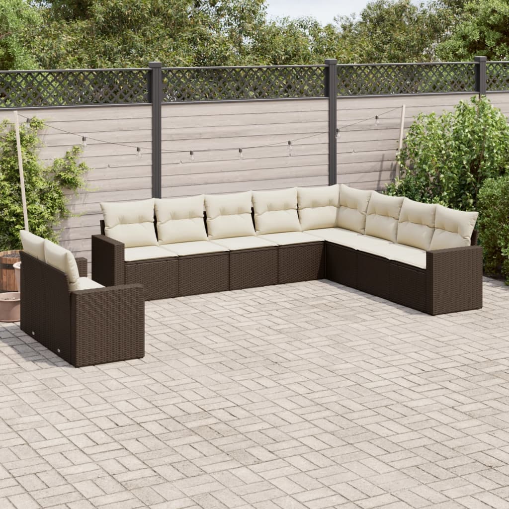 10-delige Loungeset met kussens poly rattan zwart