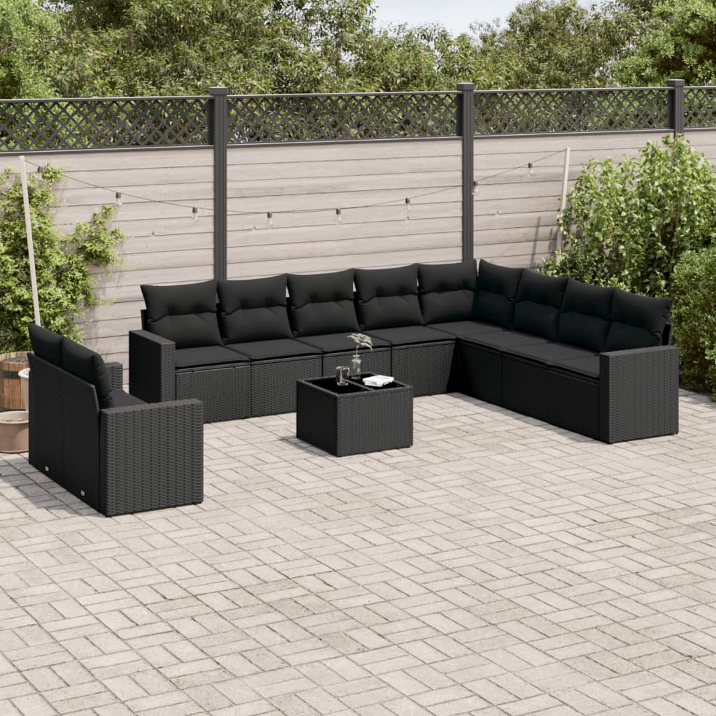 10-delige Loungeset met kussens poly rattan zwart