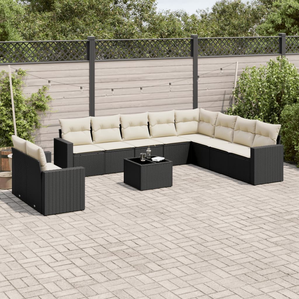 10-delige Loungeset met kussens poly rattan zwart