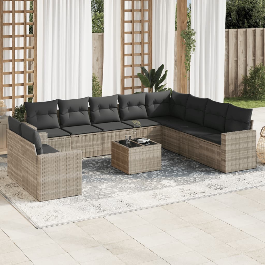 10-delige Loungeset met kussens poly rattan zwart