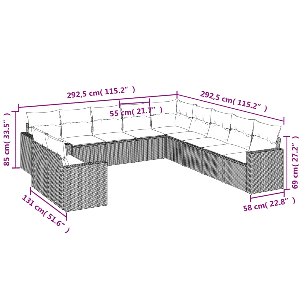 12-delige Loungeset met kussens poly rattan