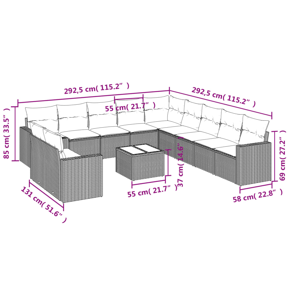 12-delige Loungeset met kussens poly rattan