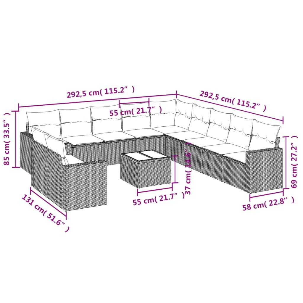 12-delige Loungeset met kussens poly rattan beige