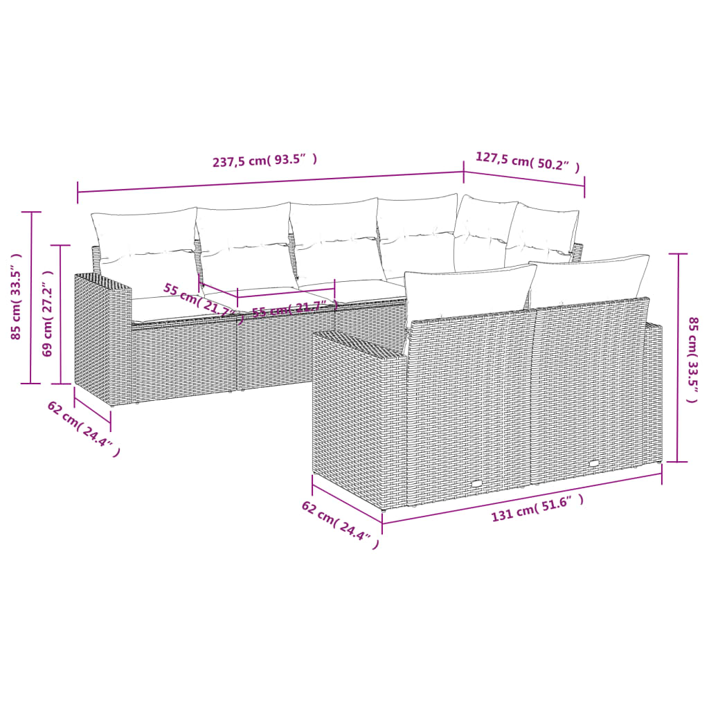 7-delige Loungeset met kussens poly rattan