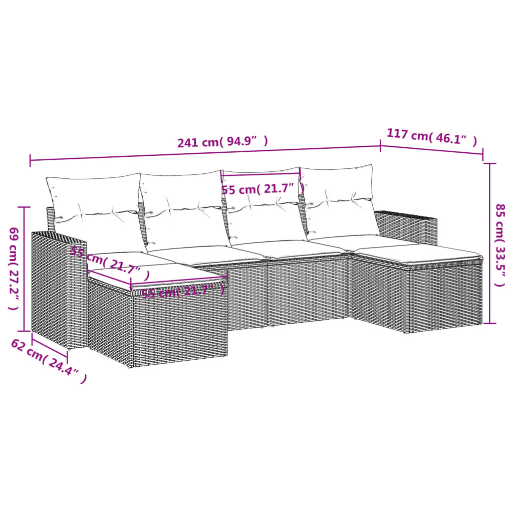 6-delige Loungeset met kussens poly rattan