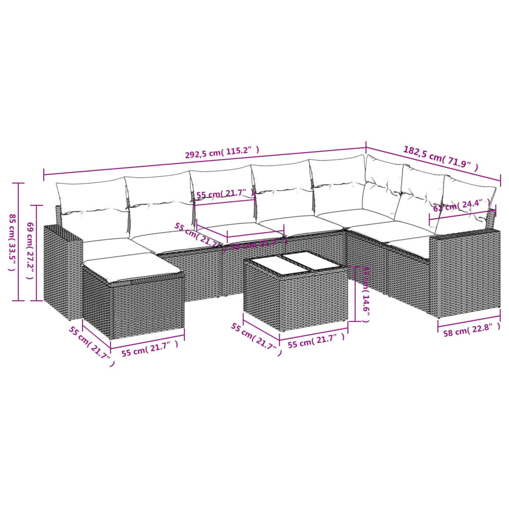 9-delige Loungeset met kussens poly rattan