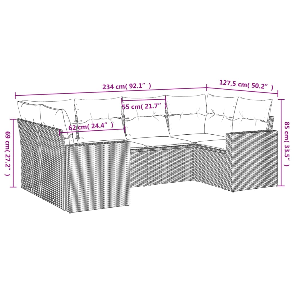 6-delige Loungeset met kussens poly rattan