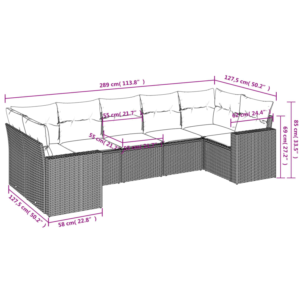 7-delige Loungeset met kussens poly rattan