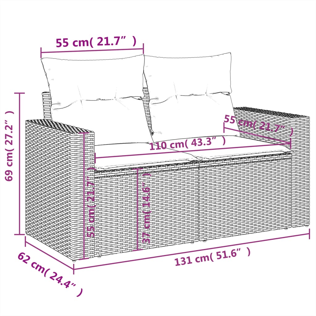 10-delige Loungeset met kussens poly rattan grijs