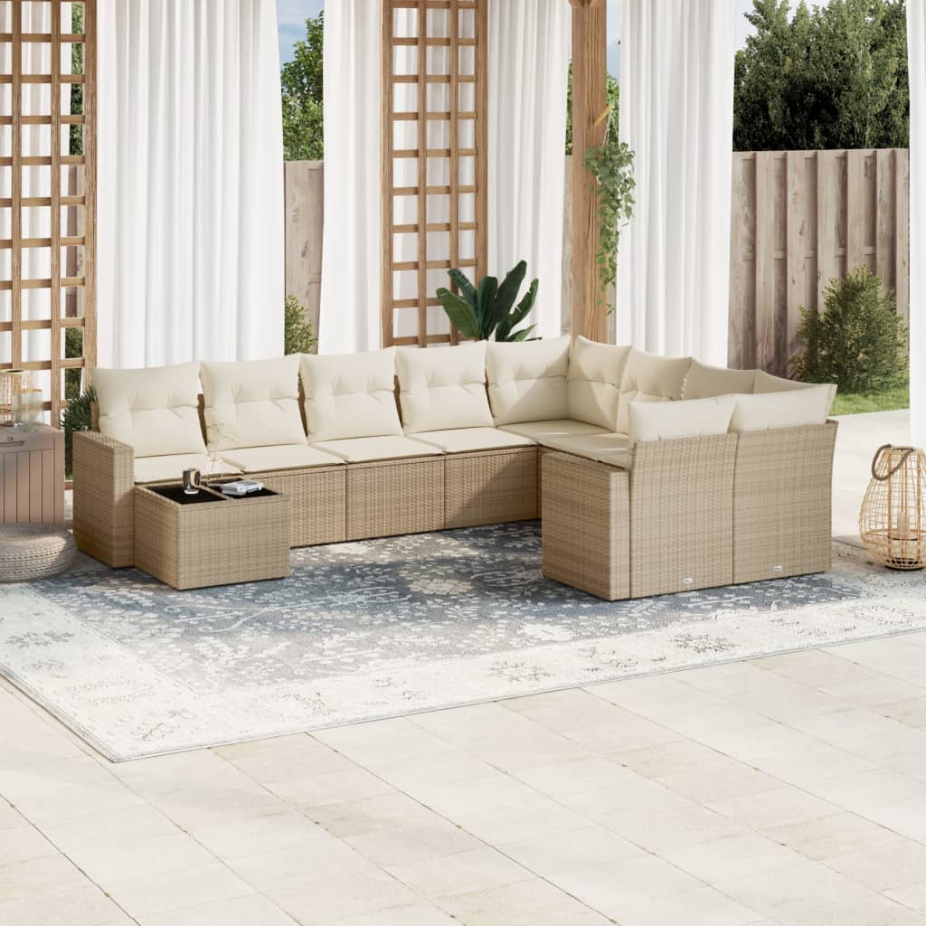 10-delige Loungeset met kussens poly rattan zwart