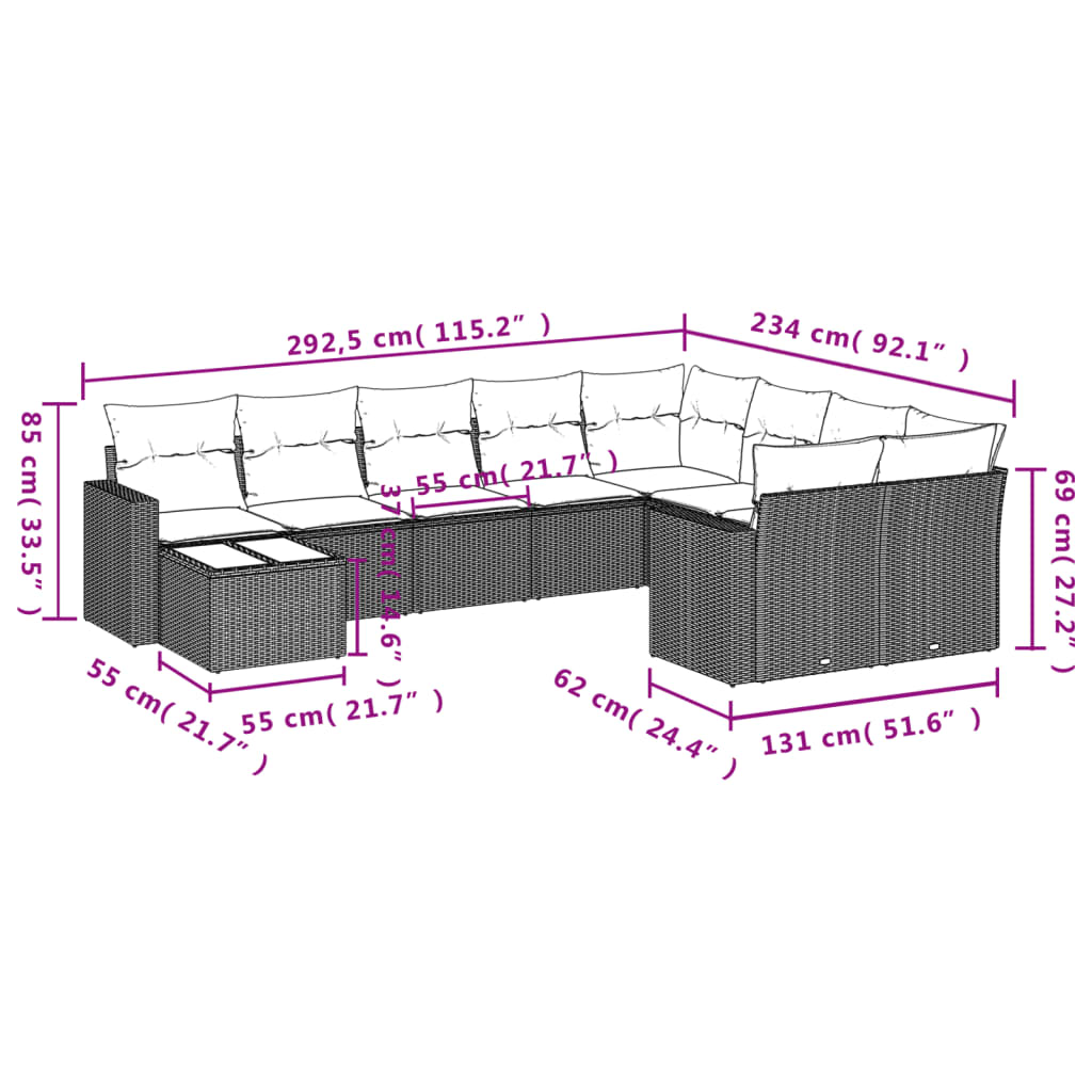 10-delige Loungeset met kussens poly rattan zwart