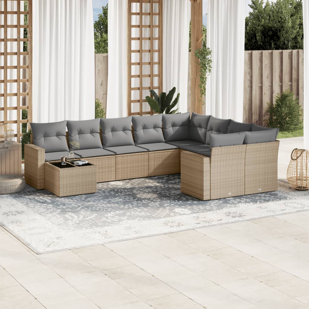 10-delige Loungeset met kussens poly rattan zwart