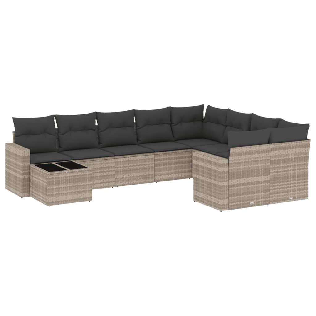 10-delige Loungeset met kussens poly rattan lichtgrijs