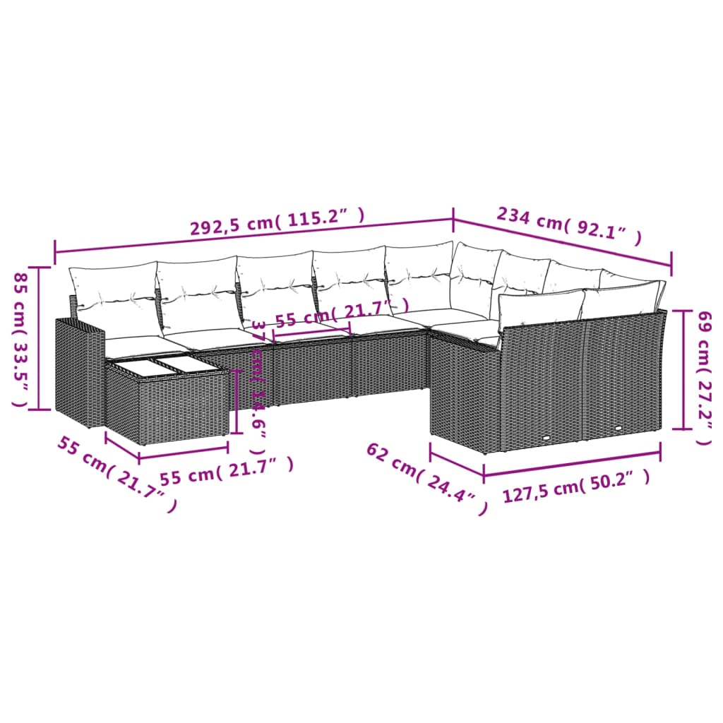 10-delige Loungeset met kussens poly rattan zwart