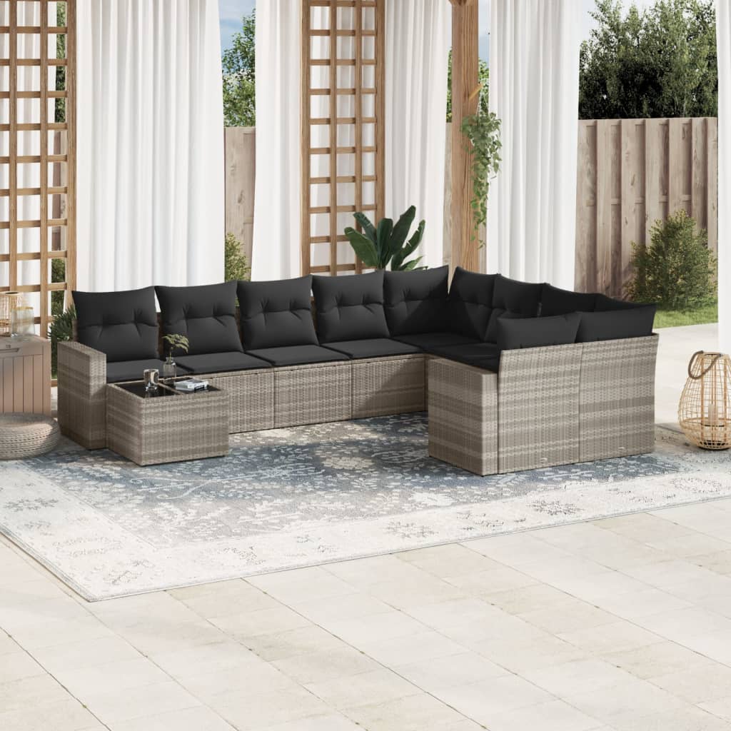 10-delige Loungeset met kussens poly rattan zwart