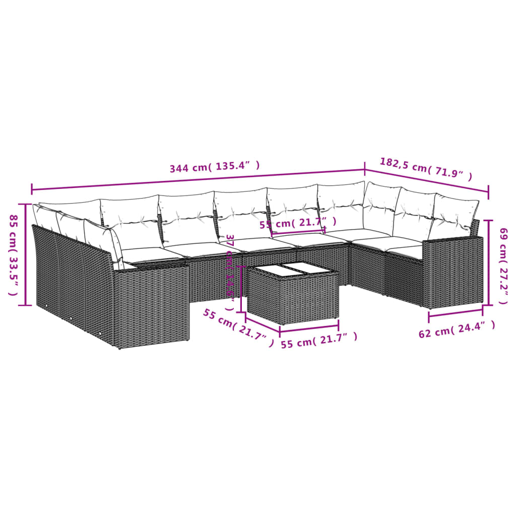 11-delige Loungeset met kussens poly rattan lichtgrijs