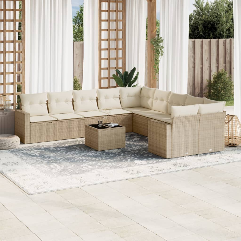 11-delige Tuinset met kussens poly rattan beige