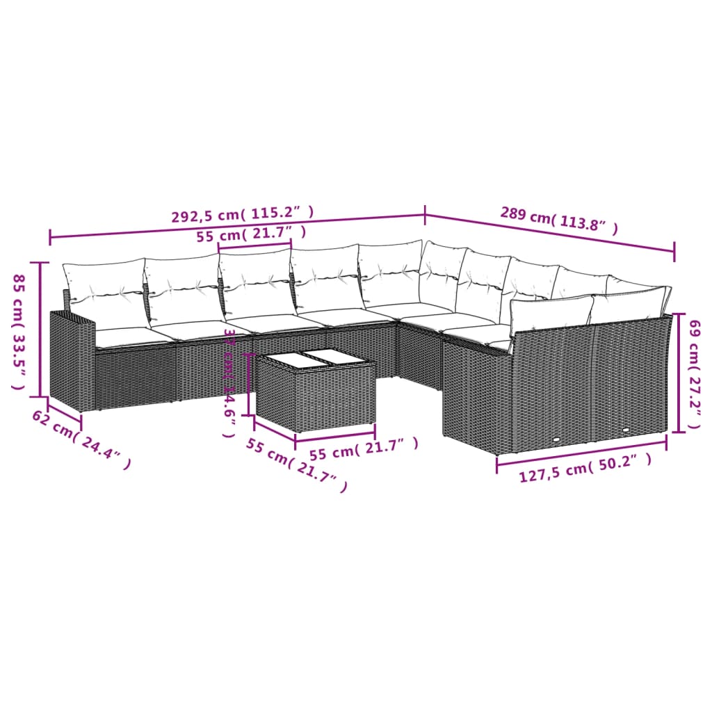 10-delige Loungeset met kussens poly rattan bruin