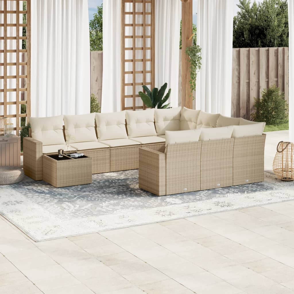 11-delige Tuinset met kussens poly rattan beige