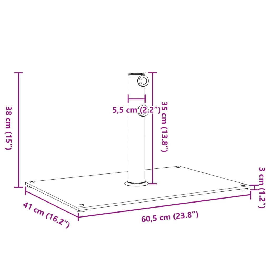 Parasolvoet voor stokken van Ø32/38/48 mm 15 kg rechthoekig