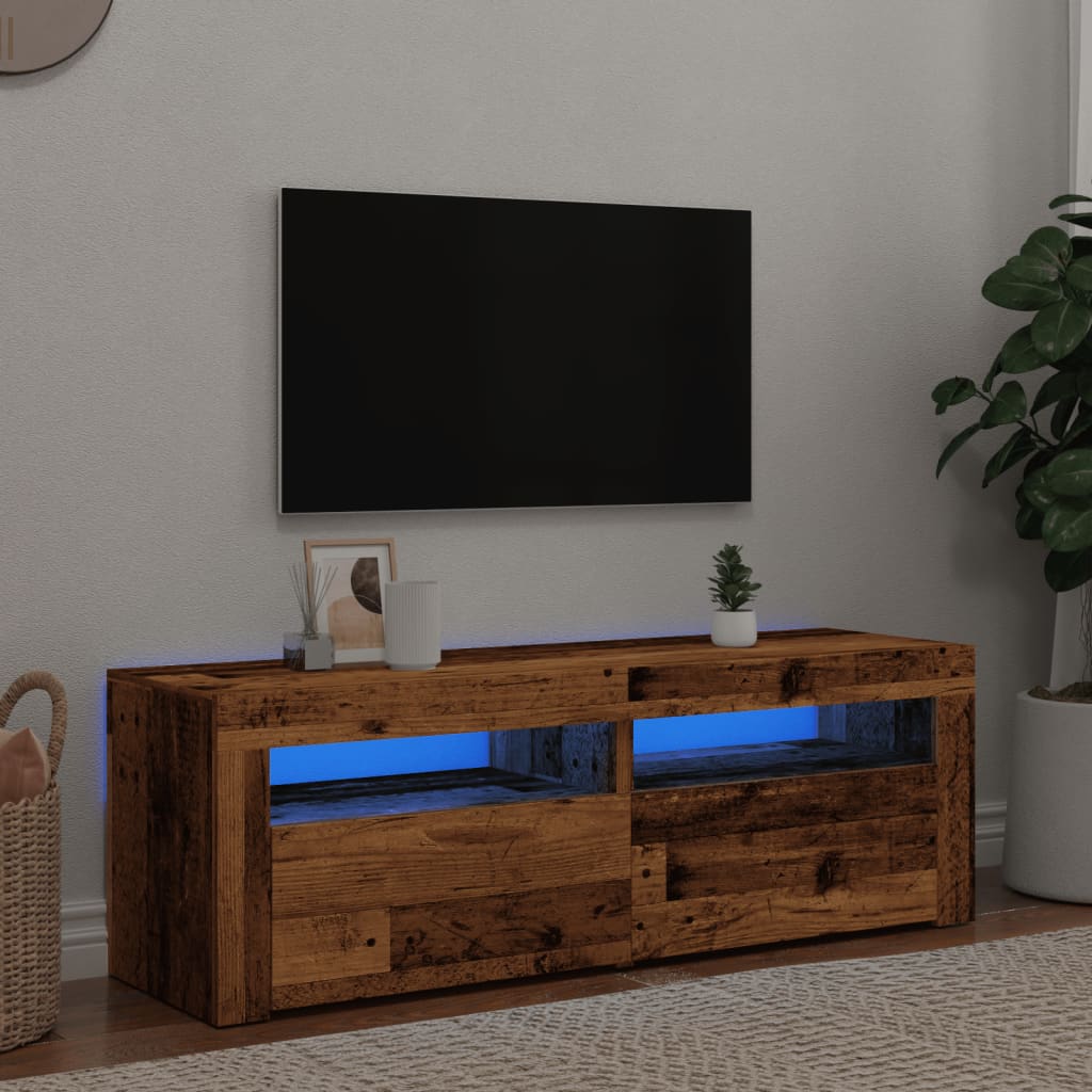 Tv-meubel met LED 120x35x40 cm bewerkt hout artisanaal eiken