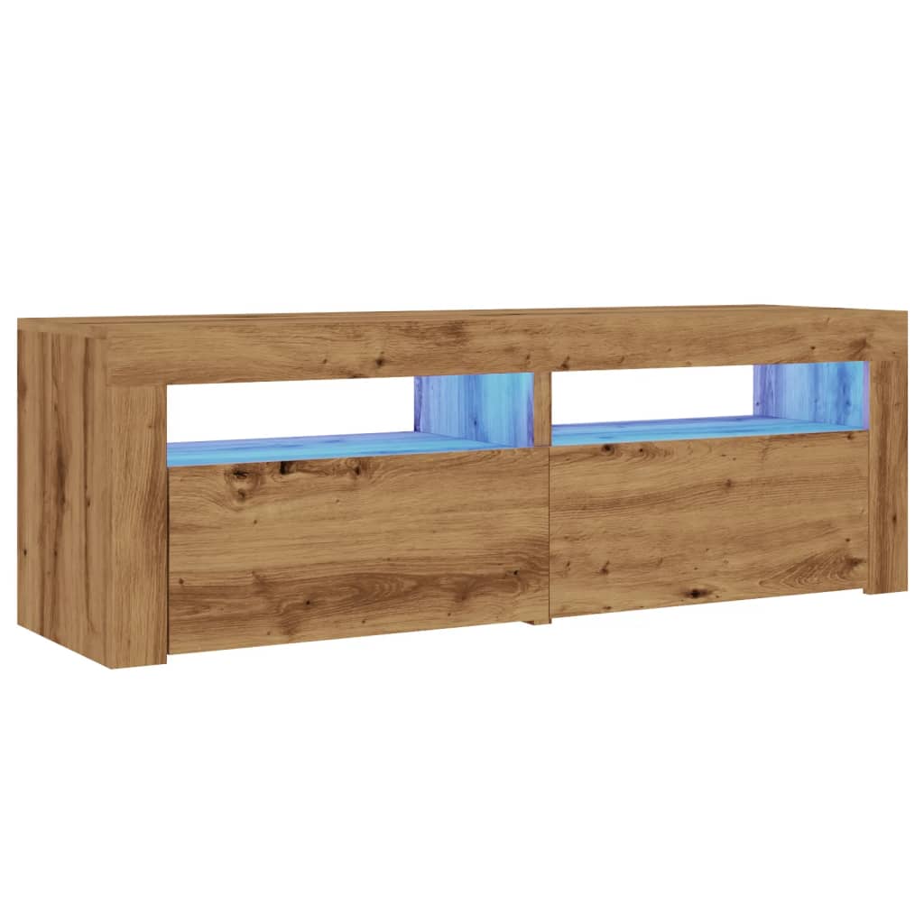 Tv-meubel met LED 120x35x40 cm bewerkt hout artisanaal eiken