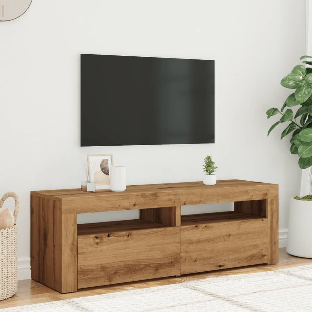 Tv-meubel met LED 120x35x40 cm bewerkt hout artisanaal eiken