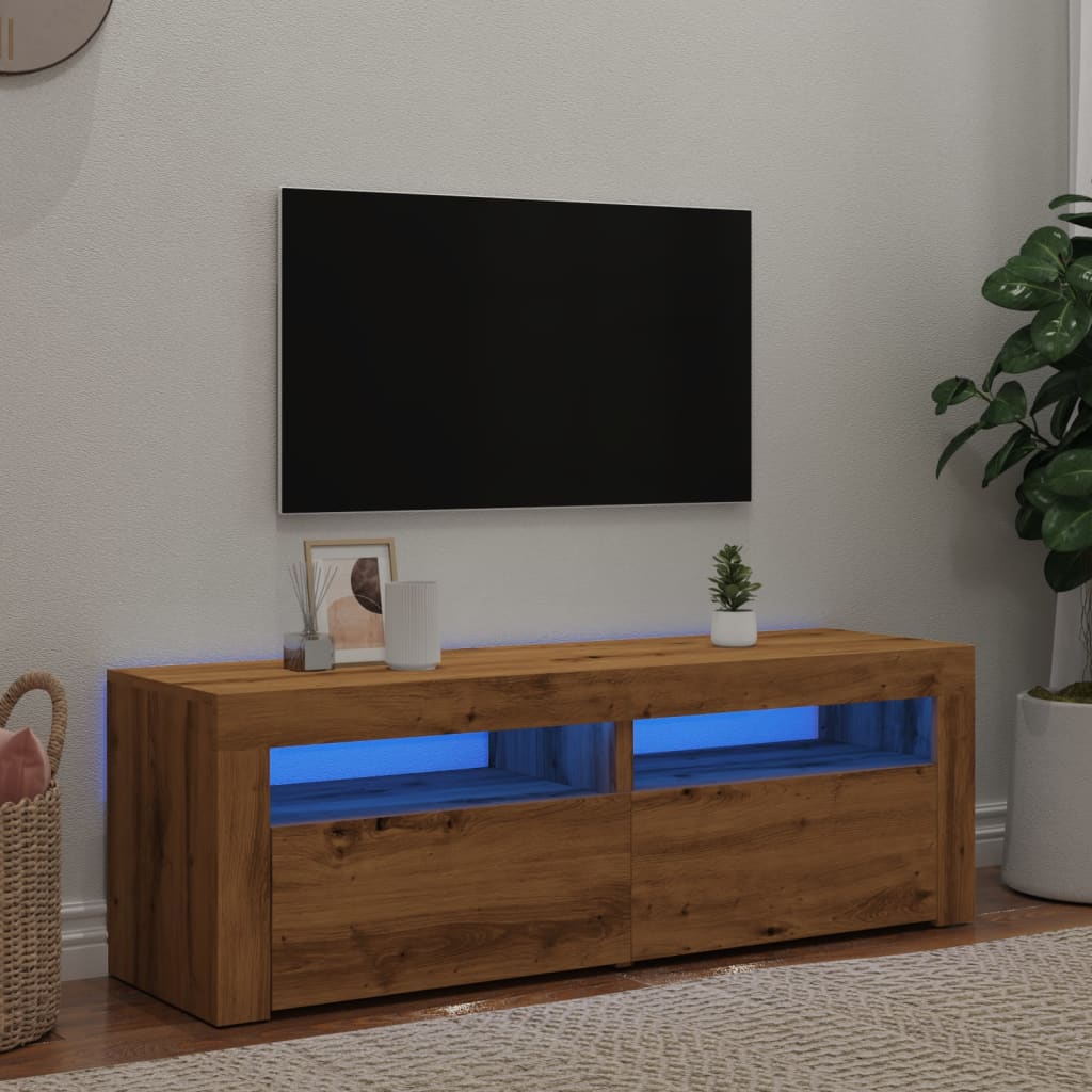 Tv-meubel met LED 120x35x40 cm bewerkt hout artisanaal eiken