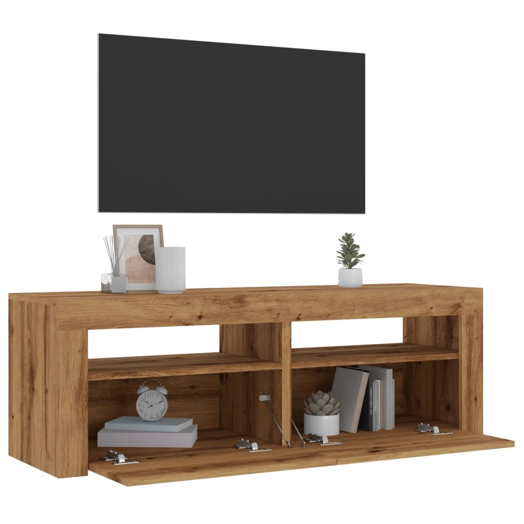 Tv-meubel met LED 120x35x40 cm bewerkt hout artisanaal eiken