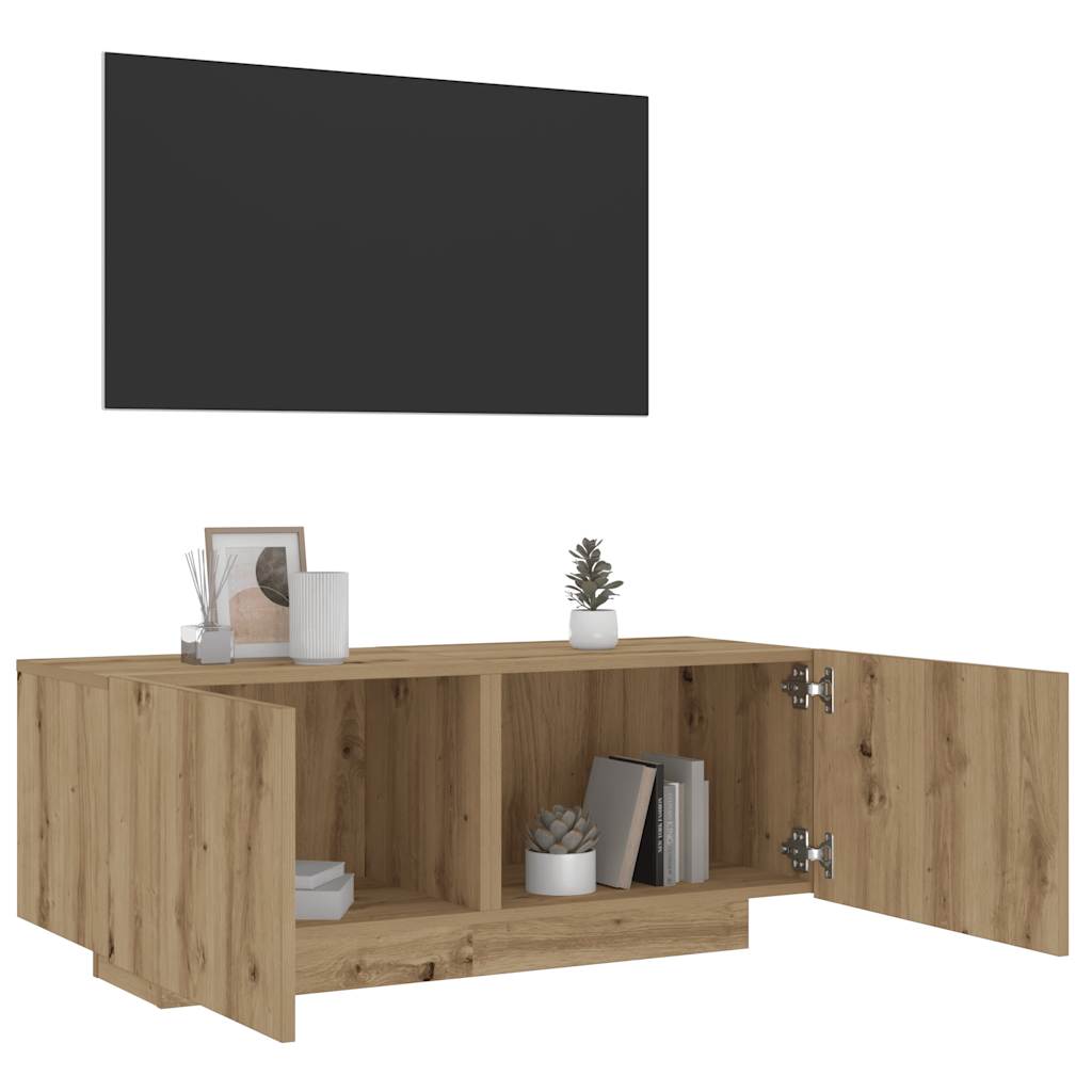 Tv-meubel met LED 100x35x40 cm bewerkt hout artisanaal eiken