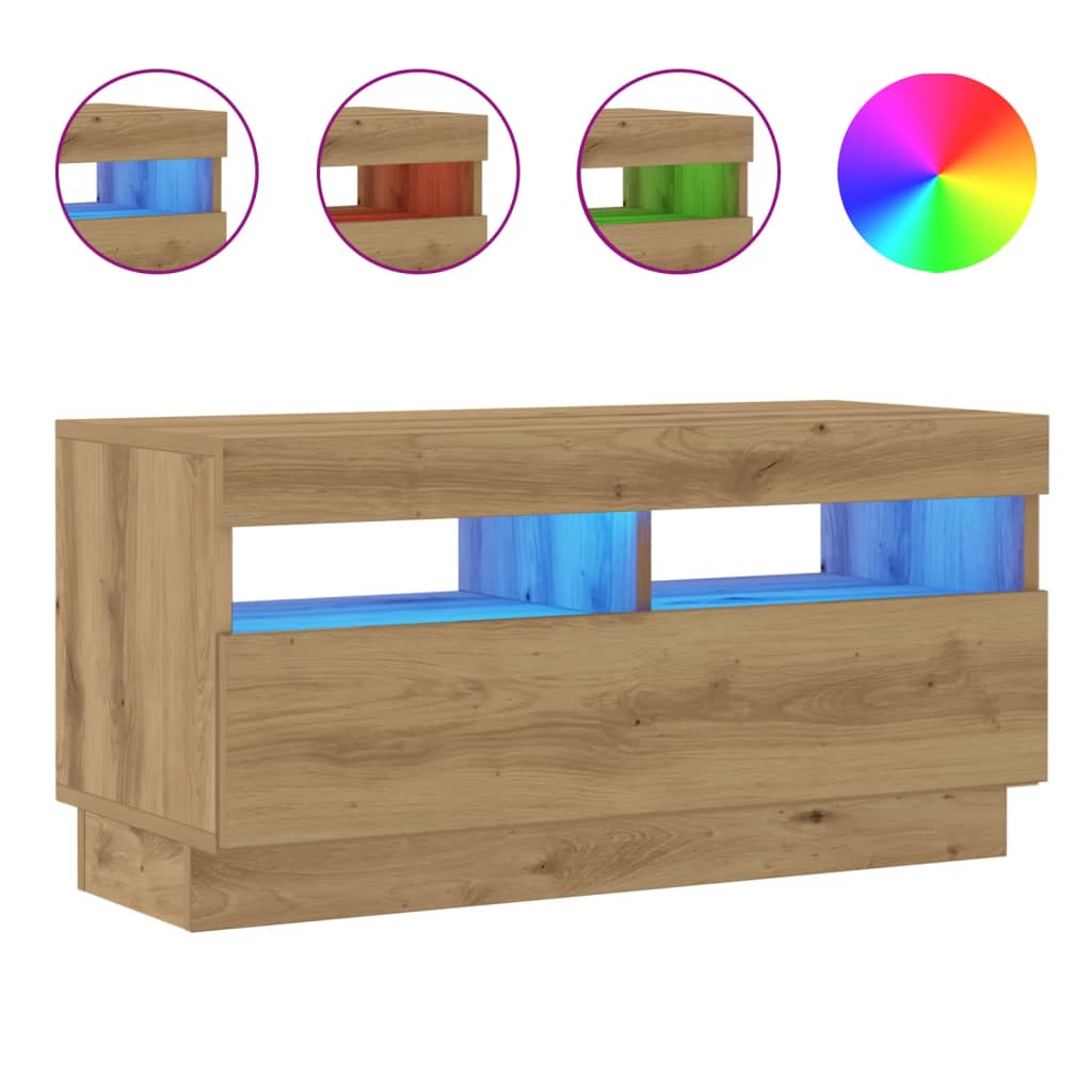 Tv-meubel met LED 80x35x40 cm bewerkt hout artisanaal eiken