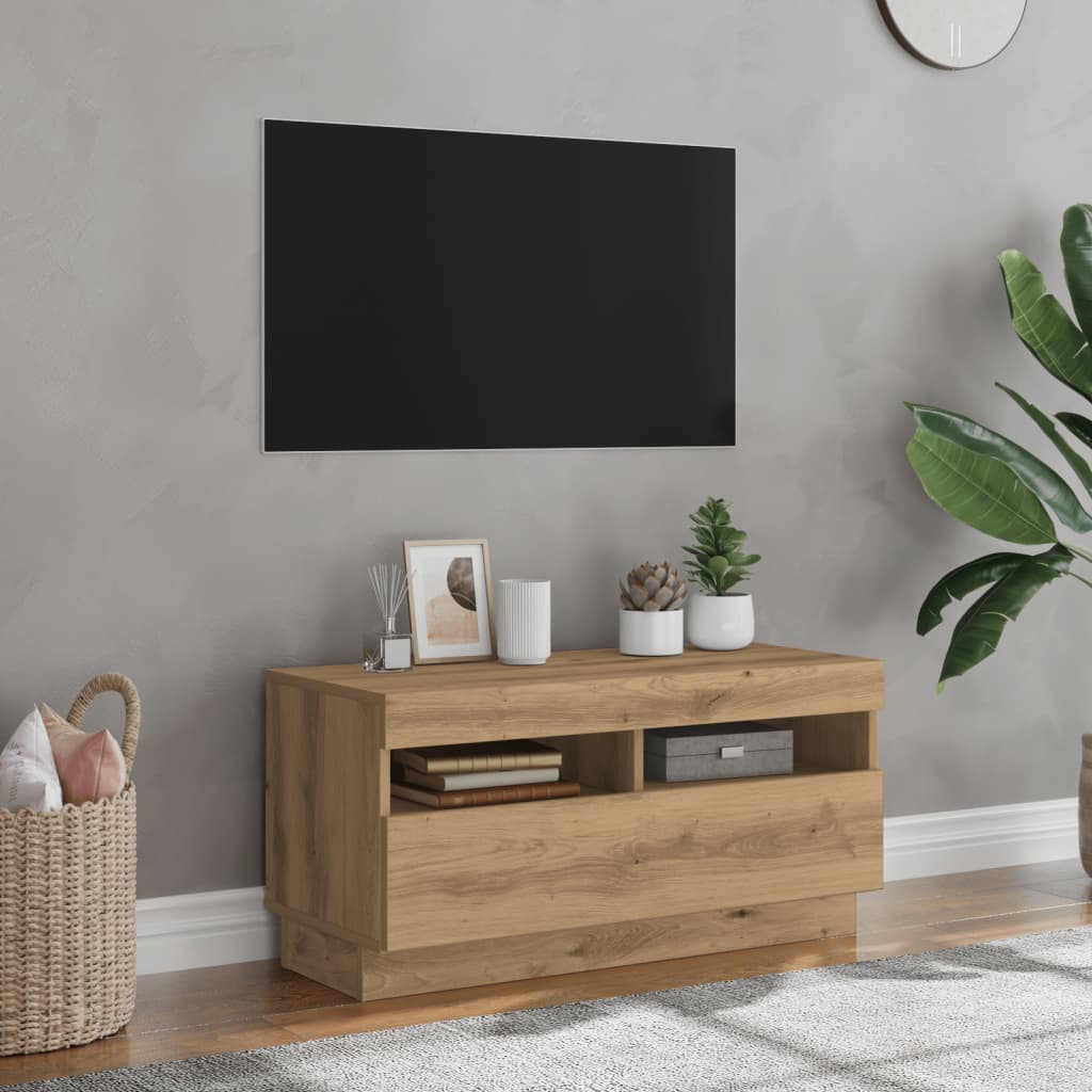 Tv-meubel met LED 80x35x40 cm bewerkt hout artisanaal eiken