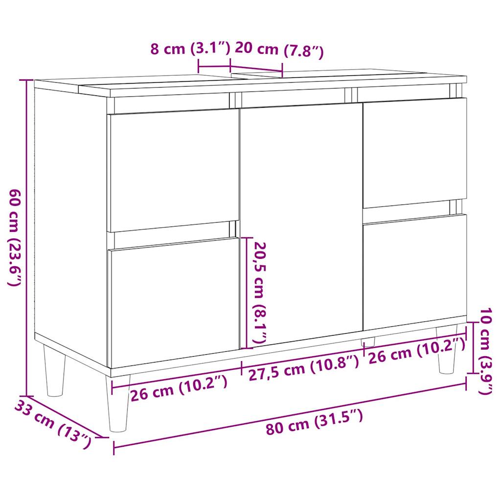 Wastafelkast 80x33x60 cm bewerkt hout artisanaal eikenkleur