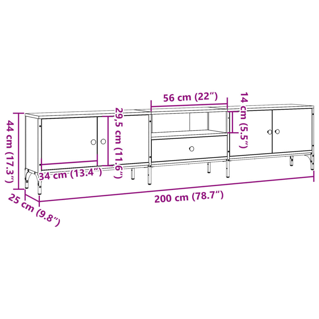 Tv-meubel met lade 200x25x44 cm bewerkt hout artisanaal eiken