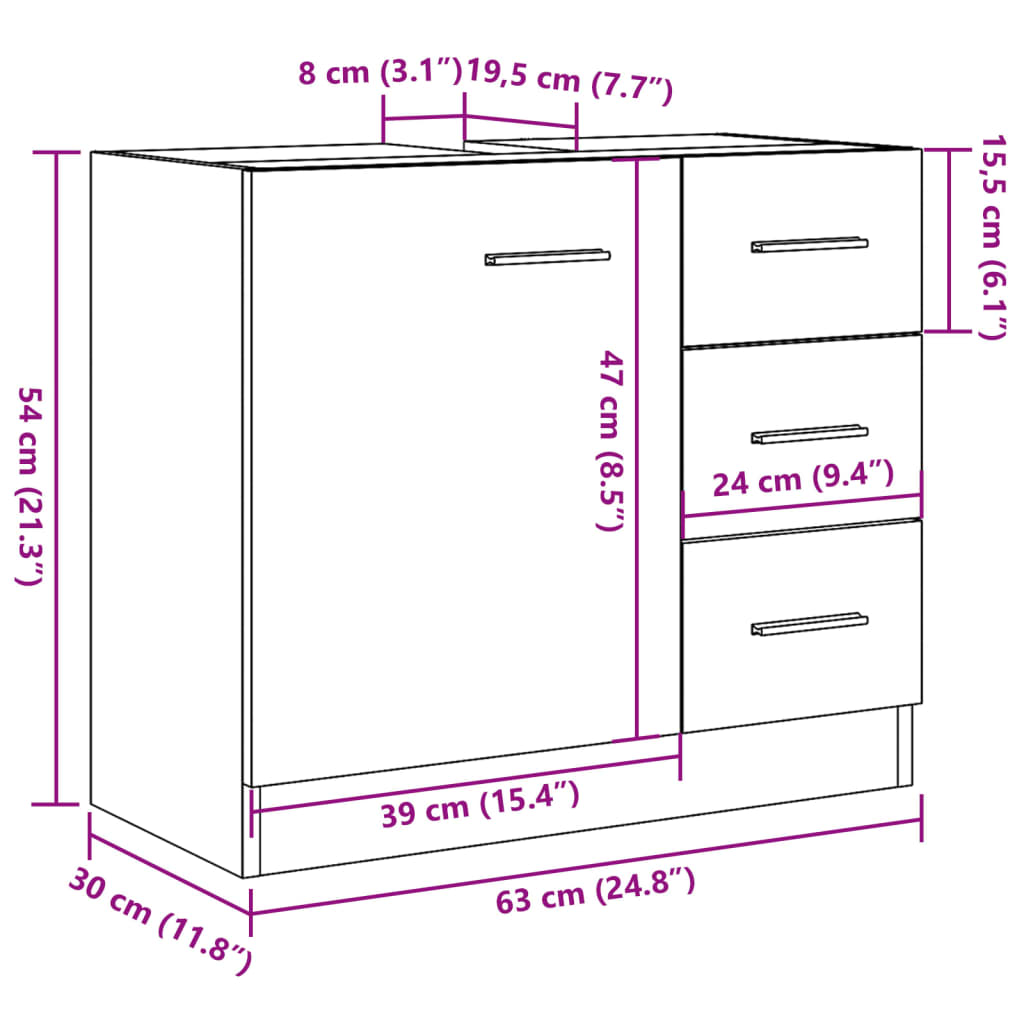 Wastafelkast 63x30x54 cm bewerkt hout betongrijs