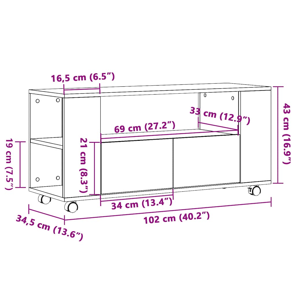 Tv-meubel met wielen 102x34,5x43 cm bewerkt hout oud hout