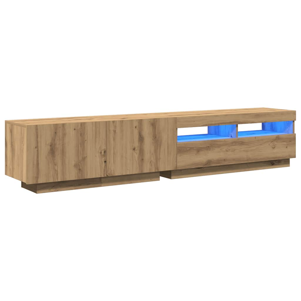 Tv-meubel met LED 200x35x40 cm bewerkt hout artisanaal eiken