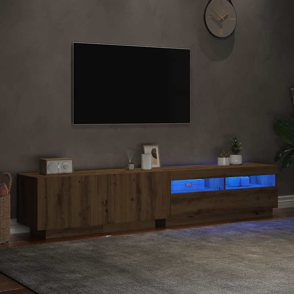 Tv-meubel met LED 200x35x40 cm bewerkt hout artisanaal eiken